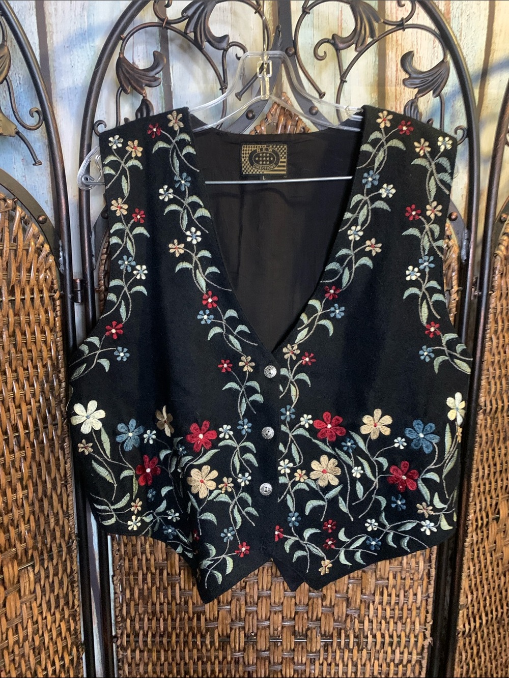 Vintage Wool Embroidered Floral Vest Size L